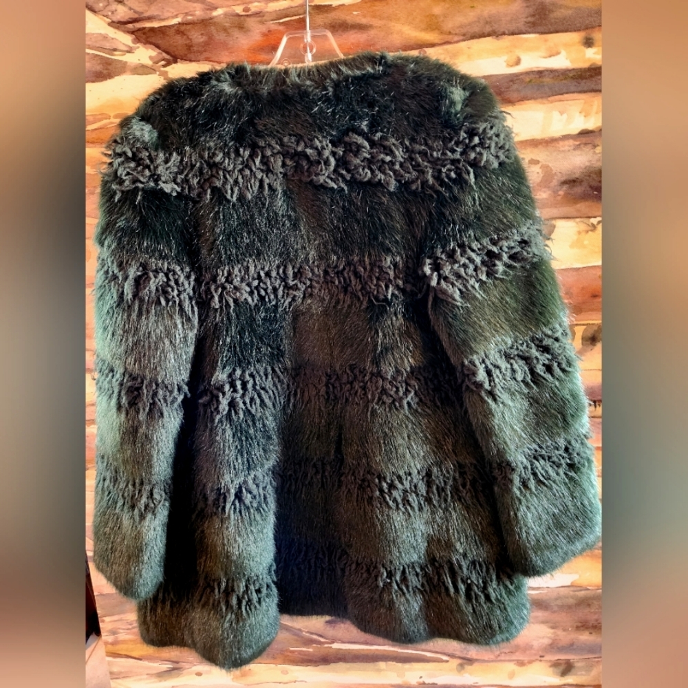 SHRIMPS Emerald Forest Green Textured Stripes FAUX FUR Vegan Winter Jacket XS - Picture 4 of 16